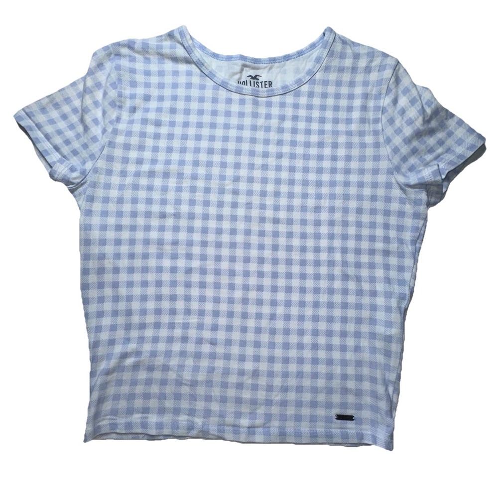 Hollister Baby Blue & White Gingham Plaid Print Cropped Baby Tee Women's Small